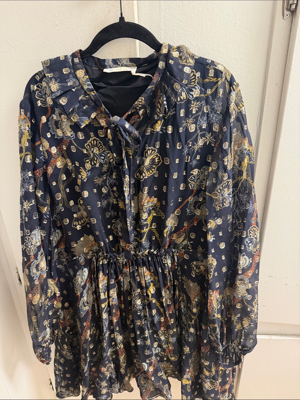 Navy Floral Tie-Neck Babydoll Dress